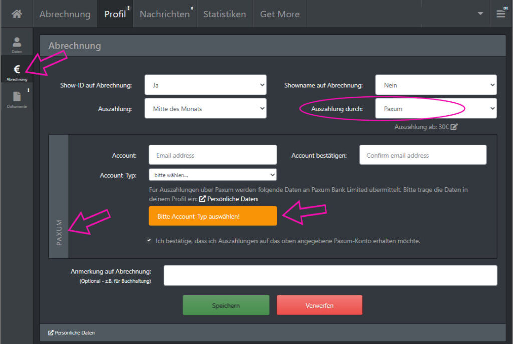Paxum Auszahlung für Camgirls im Master-Account hinterlegen
